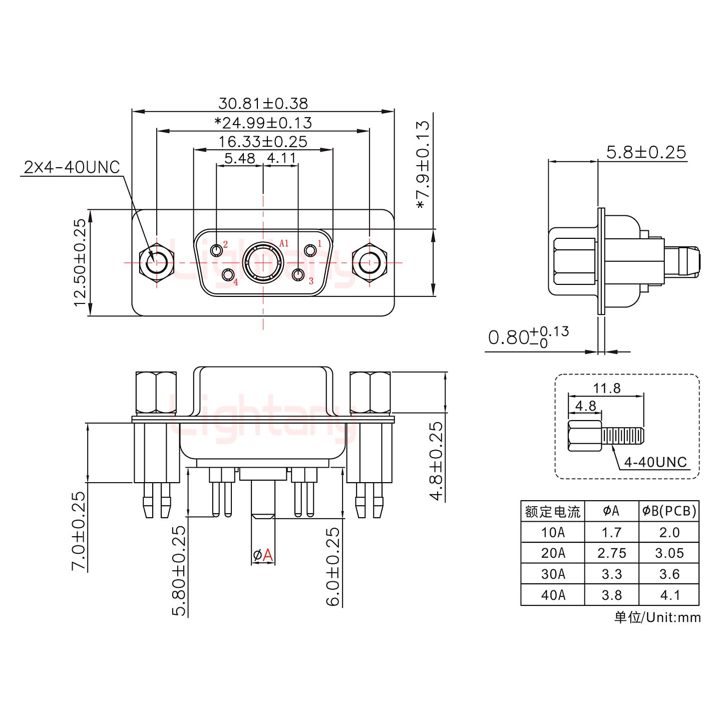 5W1母PCB直插板/鉚魚(yú)叉7.0/大電流10A