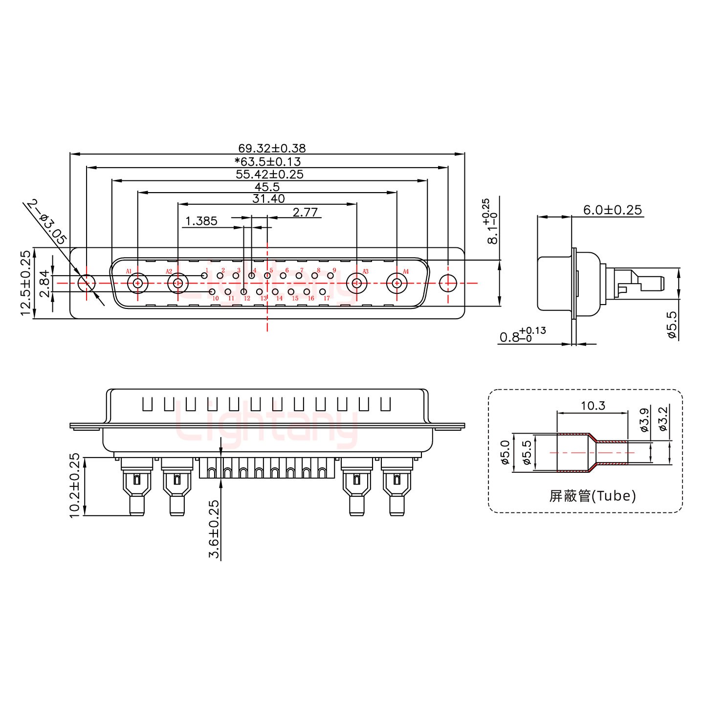 21W4公焊線式50歐姆+37P金屬外殼951彎出線4~12mm