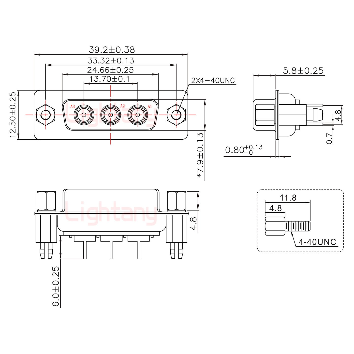 3W3母PCB直插板/鉚魚(yú)叉7.0/射頻同軸75歐姆