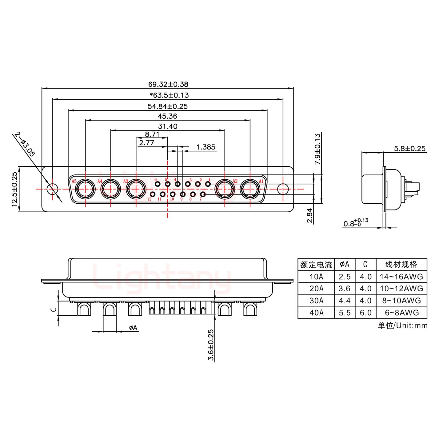17W5母短體焊線(xiàn)/光孔/大電流10A