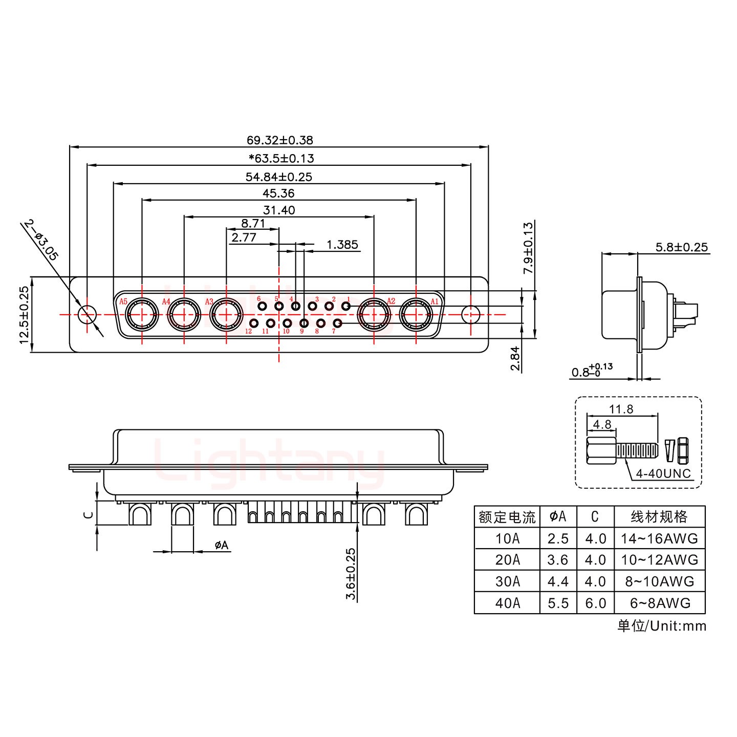 17W5母短體焊線(xiàn)/配螺絲螺母/大電流10A