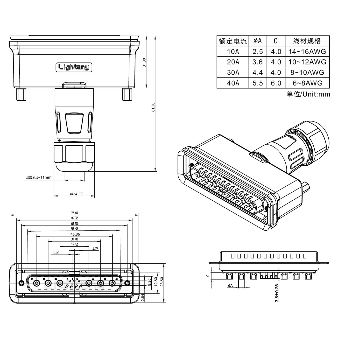8W8母頭焊線(xiàn)+防水接頭/線(xiàn)徑5~11mm/大電流40A