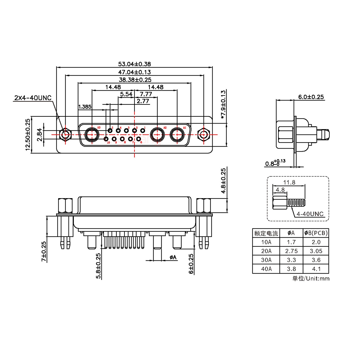13W3母PCB直插板/鉚魚叉7.0/大電流30A