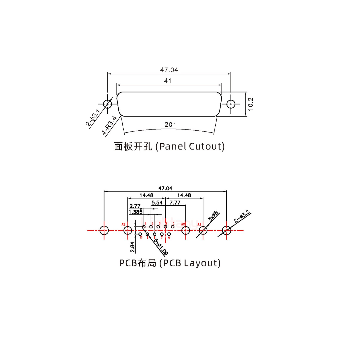 13W3母PCB直插板/鉚魚叉7.0/大電流30A